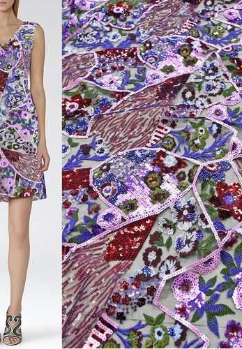 Дизайнерская пайеточная ткань на сетке цветы флористика Valentino