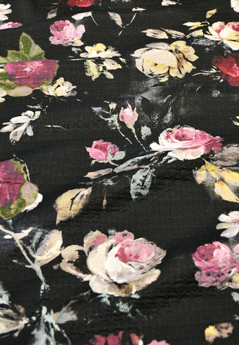 Твид-шанель костюмно-пальтовый черный с цветами на дублерине