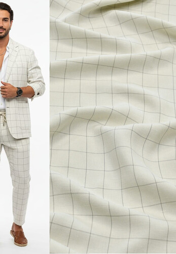 Кликните для увеличения изображения Костюмно-плательный лен молочный в клетку