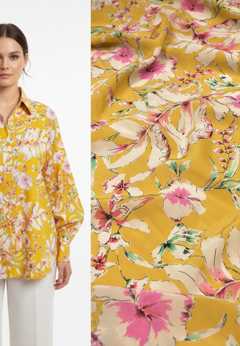 Плательная вискоза желтая цветочный принт