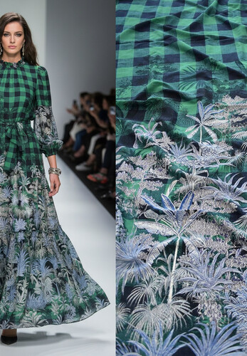 Крепдешин клетка зеленый цветы