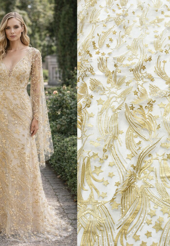 Вышивка на сетке телесно-золотая звезды