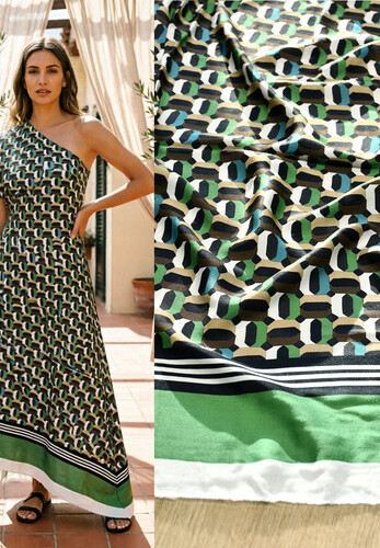 Плательно-блузочный штапель вискоза зеленый геометрический принт Италия