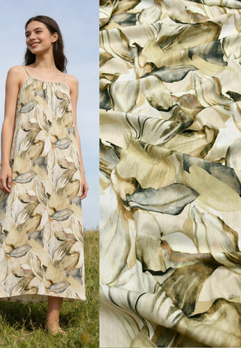 Лен натуральный плательный бежевый абстрактный узор Италия