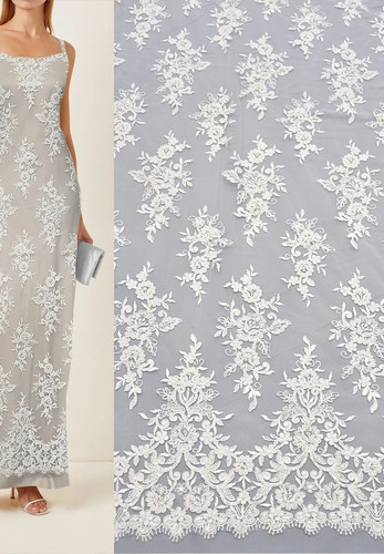 Кружево свадебное белое вышивка стеклярус бисер фестон реснички Sophie Hallette