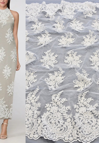 Свадебная вышивка на сетке бисером стеклярусом молочно белая цветы (DG-3654)