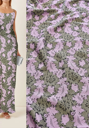 Органза вышивка 3D оливковые цветы розовые листья (DG-9174)