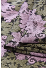 Органза вышивка 3D оливковые цветы розовые листья (DG-9174) фото 3