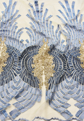 Вышивка на сетке мозаика голубая с бежевым ручная работа (DG-2125)