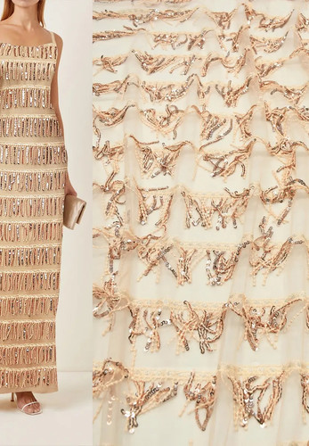 Кружево вышивка на сетке золотистое бахрома из пайеток Dior