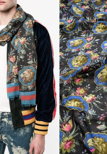 Шелк львы цветы на черном Gucci
