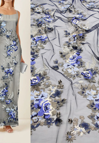 Вышивка на сетке 3Д цветы синяя Valentino