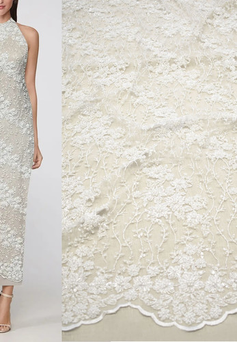 Кружево свадебное белое вышивка цветами бисер стеклярус пайетки (DG-3557)