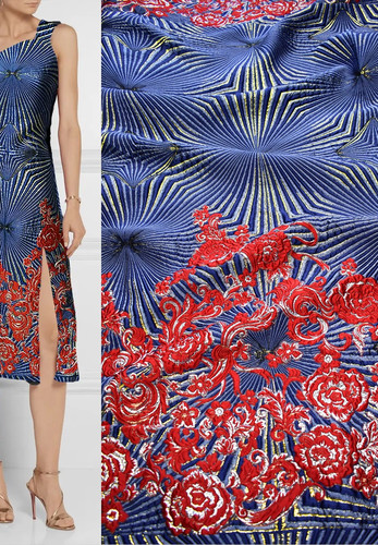 Жаккард вышивка красные цветы на синем купон Kenzo
