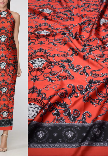 Шелк барокко красный с вензелями и медузами Versace
