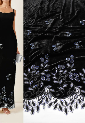 Бархат шелковый вышивка черный с синими цветами (DG-6788)