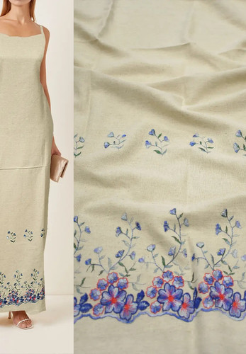 Дизайнерский лен бежевый вышивка цветочный бордюр (DG-7598)