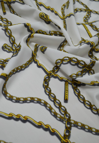 Стрейч-шелк белый с рисунком золотистых цепей (00261)