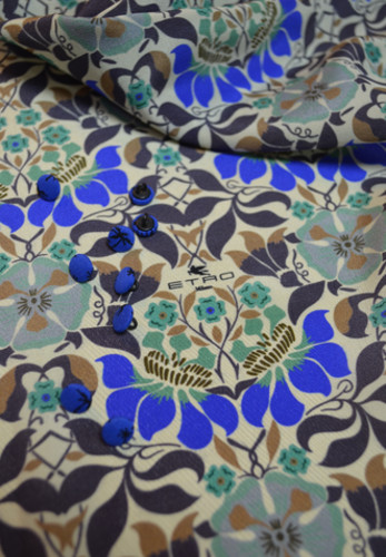 Матовый шелк с мелким принтом в бежево-синих тонах (00406)